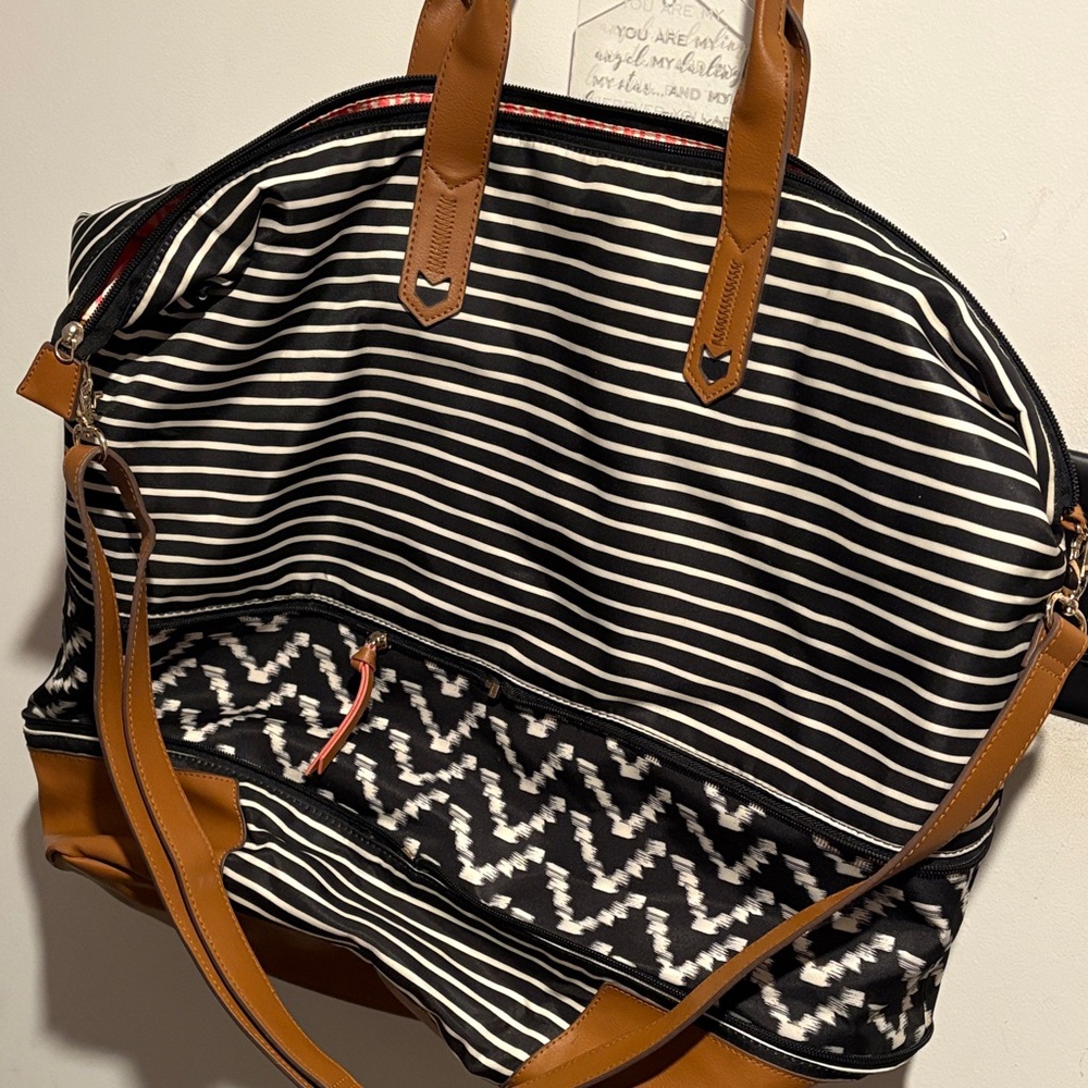 Stella & Dot Black and Tan Striped Travel Bag